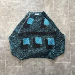 総柄 ニット セーター ブルー ブラック 古着 立体編み Mサイズ