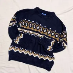 ノルディックセーター あったかニット 紺 ゆったり ローゲージ 北欧柄