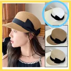 新品　リボン付きストローハット ホワイト　白　夏