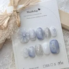 ニュアンス ぷっくりフラワー 水色 ワンホン 韓国 ネイルチップ