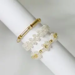 ビーズリング♡3点セット　フラワー　透かし編み　クリーム×ゴールド　ハンドメイド