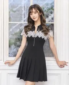 【an/アン】レース 襟 バイカラー プリーツ 半袖 フレアミニドレス