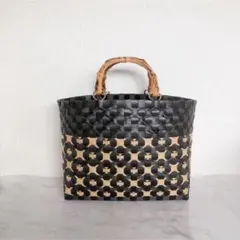 プラかごバッグ プラカゴ PPバンド ハンドメイド 花柄 黒 ベージュ ブラック