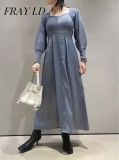 【美品】FRAY I.D スクエアーネックコンビワンピース ブルー