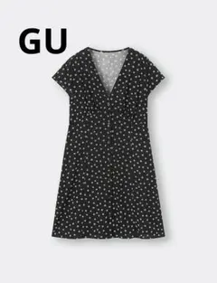 セール✴　GU　レディース　Vネックプリントミニワンピース　半袖　フラワー　M