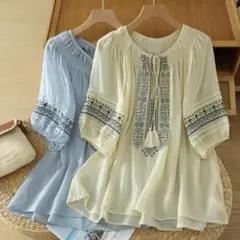 新品 大きいサイズ 刺繡ブラウス4Lゆったり 半袖 エスニック 秋服夏服五分袖