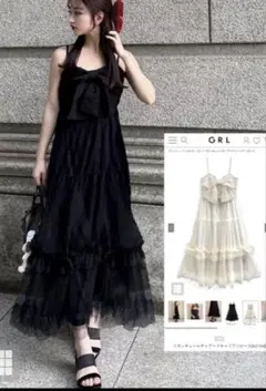 GRL グレイル　黒　リボンチュールティアードキャミワンピース[tu1104]