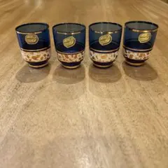 ボヘミアクリスタル　チェコスロバキア製　金彩ブルーリキュールグラス　4個