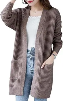 ブラウンカーディガン ニット 羽織り モコモコ 厚手 Vネック 秋冬 リブ編み