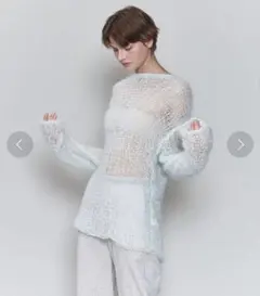 6(ROKU) ナイロンウールメッシュクルーネックプルオーバーニットミントブルー