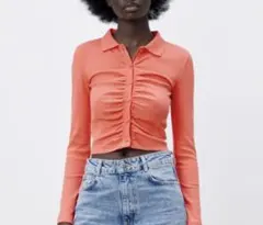 美品【ZARA】 ギャザー ポロシャツ 長袖トップス カーディガン クロップド丈