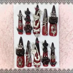 ♥現品♥ネイルチップ 赤 黒 サブカル 地雷系 パンク ゴテゴテ スーパーロング