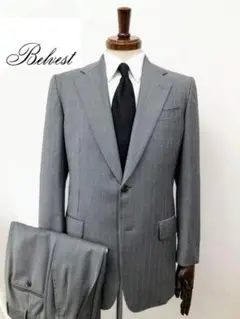 美品 Belvest テーラードジャケット 三者混 リネン シルク ストライプ