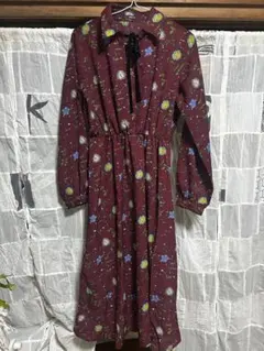 レトロ　ワンピース　ボルドー　赤　花柄　リボン