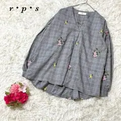 アールピーエス 長袖ブラウス M グレー系 花柄刺繍 グレンチェック フェミニン