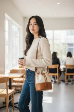 【新品】2way 巾着バッグ キャンバス×レザー バケツ型 ショルダーバッグ