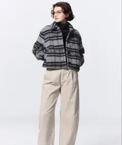 チェック柄 ショート丈ブルゾン ジャケット グレー ブラック Mサイズ