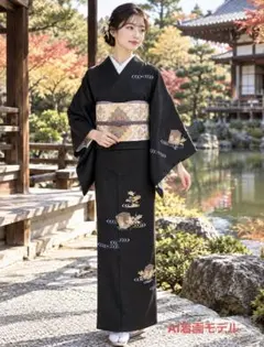 着物-着物袷235【訪問着】【正絹】黒地 流水文様 おしどり柄 金彩風 上品