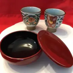 【レトロ】ペア　お湯呑みセットと　塗りの菓子器　セットのサムネイル