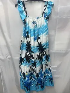 ハイビスカス柄☆リゾートワンピース☆ノースリーブ☆ブルー系☆新品未使用☆フリー