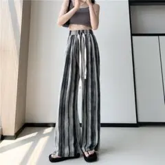 ワイドパンツ　ストライプ　速乾　楽ちん　ゆったり　薄手