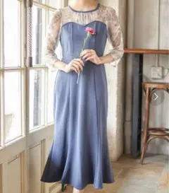 シャーリングスリーブレース切り替え配色マーメイドワンピース