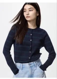 メリノリブクルーネックショートカーディガン　ネイビー　Mサイズ