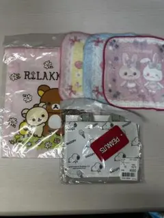 リラックマ巾着、スヌーピーポケットポーチ、ハンカチ3枚