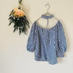 FOREVER21 (M) チョーカー風 ストライプ ブラウス ブルー 美品