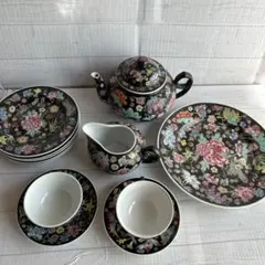 中国茶器セット 花柄 ティーポット カップ ソーサー プレート ボウル