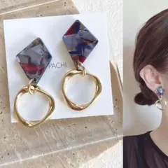 パープルモザイク×リング ゴールド♡ハンドメイド ピアス イヤリング フープ