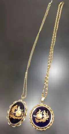 【美品】 フランス製 リモージュ 磁器ペンダント ネックレス 2点セット 金彩のサムネイル