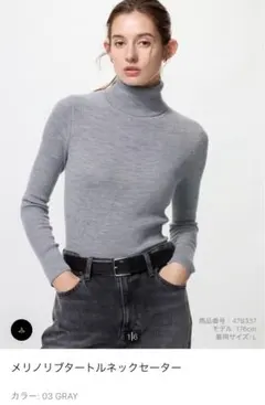 メリノリブタートルネックセーター グレーXL