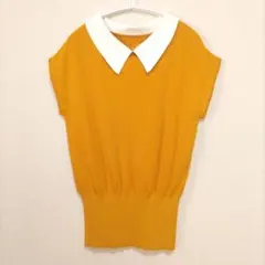 セゾンドパピヨン【Mサイズ】襟付きサマーニット マスタードイエロー 通勤通学のサムネイル