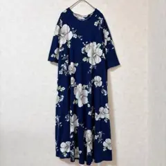 花柄 ロングワンピース ネイビー 半袖 ゆったり大きいサイズ