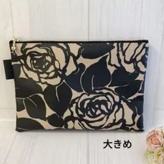 ローズシルエット×無地　特大ダブルファスナーポーチ　黒薔薇　ラミネート ローズシルエット柄×無地 特大サイズダブルファスナーポーチ 黒薔薇