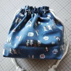 猫のイラスト 巾着袋 青