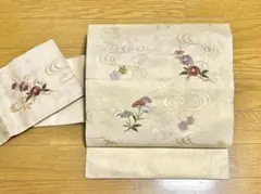 九寸名古屋帯 正絹 西陣織 引箔 刺繍 花 ベージュ 中古 yzk640