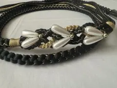 帯締め　黒　パール　ラインストーン　正絹　金糸　振袖　成人式
