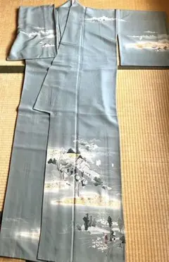 ブルーグレー系　訪問着　裄68 金彩　作家物　一つ紋　正絹