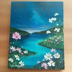 虹色の空。』/アクリル画 原画 癒やしの風景画 白猫 夜空 星空 F3