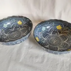 【中古】三峰 有田焼 深皿 2枚セット 花柄 黄 ライトグリーン 浅黄