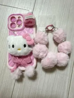 ハローキティ iPhone用ケース ポンポンストラップ付き