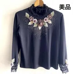 花の立体モチーフ　刺繍 ビジュー シアー　ブラウス　社交ダンス　レッスンウェア