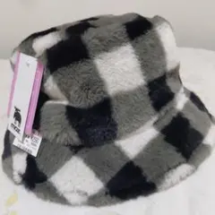 moz モズ⭐黒白チェック ファーバケットハット