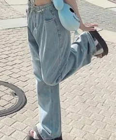 【美品】ライトブルー ハイウエスト デニムパンツ 韓国 タック付き