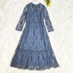 カエン　総レースロングワンピース　オケージョンドレス　ブルー　花柄　結婚式