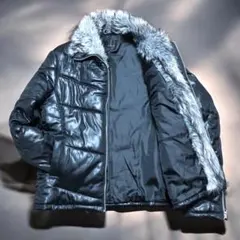 人気　y2k 00 ファー　光沢　ブラックジャケット　Lサイズ