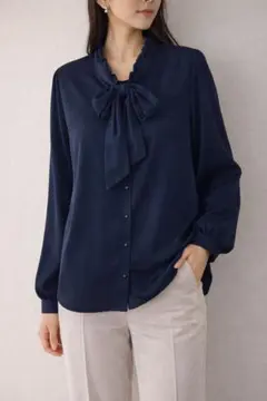 【美品】GLACIER ボウタイブラウス LL ネイビー 上品 オフィス