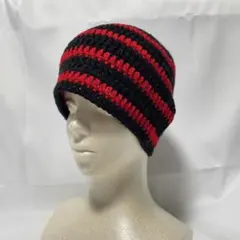 ストライプニット帽 ビーニー クラッシャーハット 男女兼用 黒 赤